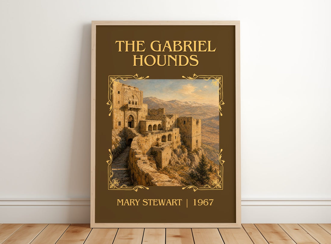 The Gabriel Hounds Classic Book Art Print by Mary Stewart – framed print leaning on a wooden floor