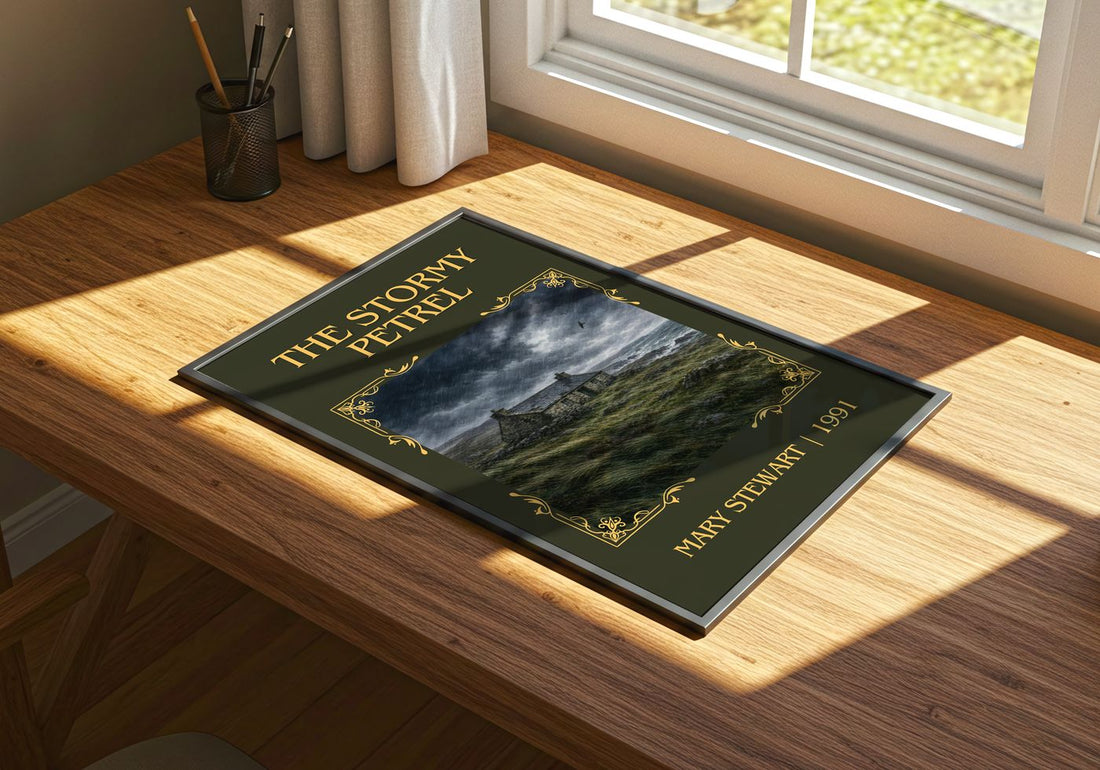 The Stormy Petrel Classic Book Art Print by Mary Stewart – print on a sunlit desk