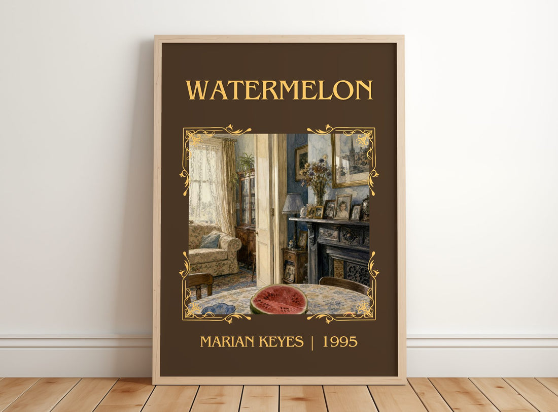 Watermelon Classic Book Art Print by Marian Keyes – framed print leaning on a wooden floor
