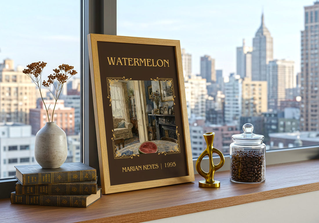 Watermelon Classic Book Art Print by Marian Keyes – framed print on a city-view windowsill