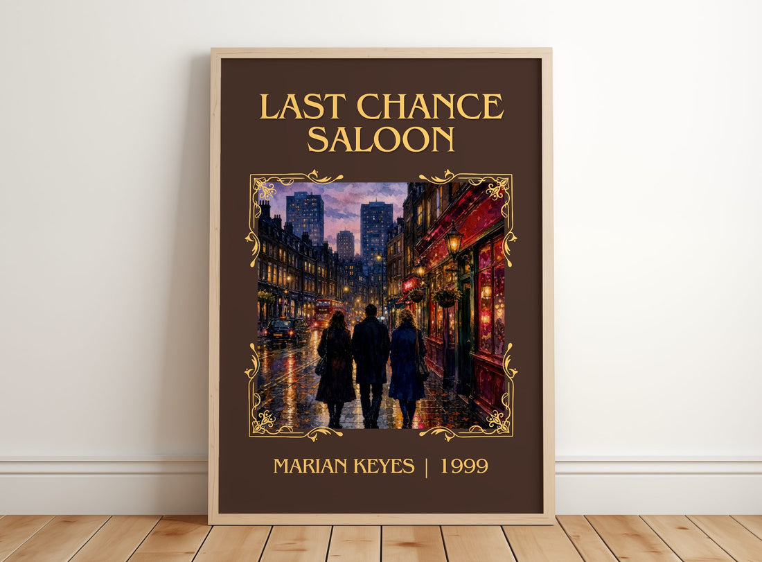 Last Chance Saloon Classic Book Art Print by Marian Keyes – framed print leaning on a wooden floor
