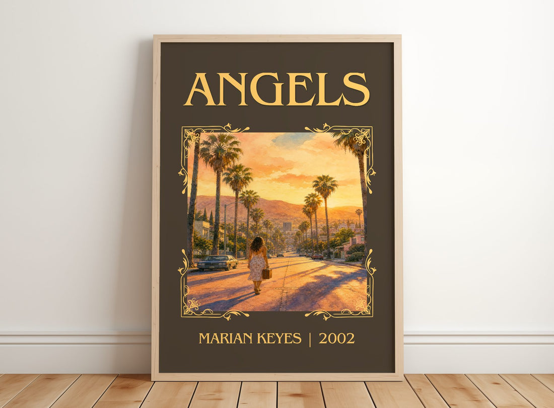 Angels Classic Book Art Print by Marian Keyes – framed print leaning on a wooden floor