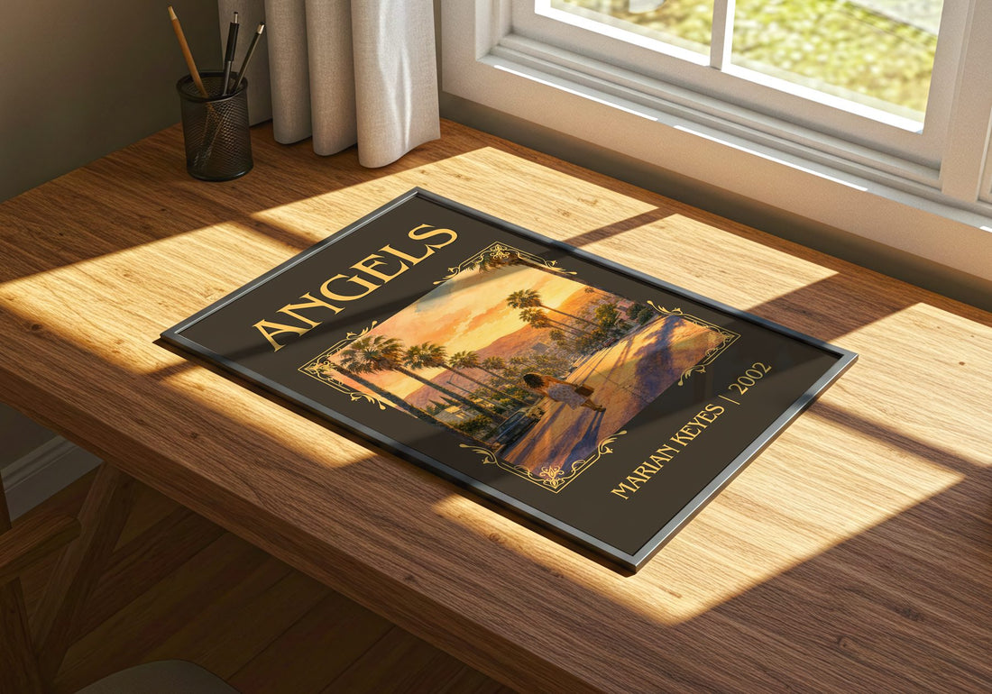 Angels Classic Book Art Print by Marian Keyes – print on a sunlit desk