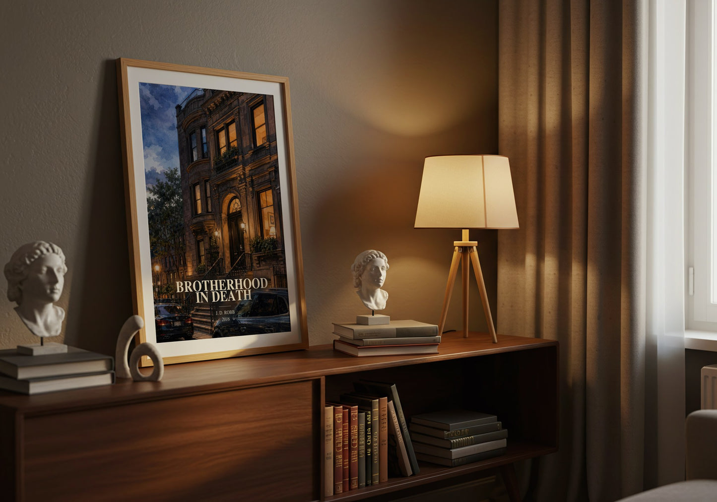 Brotherhood In Death watercolour print on bookshelf – J. D. Robb fan gift
