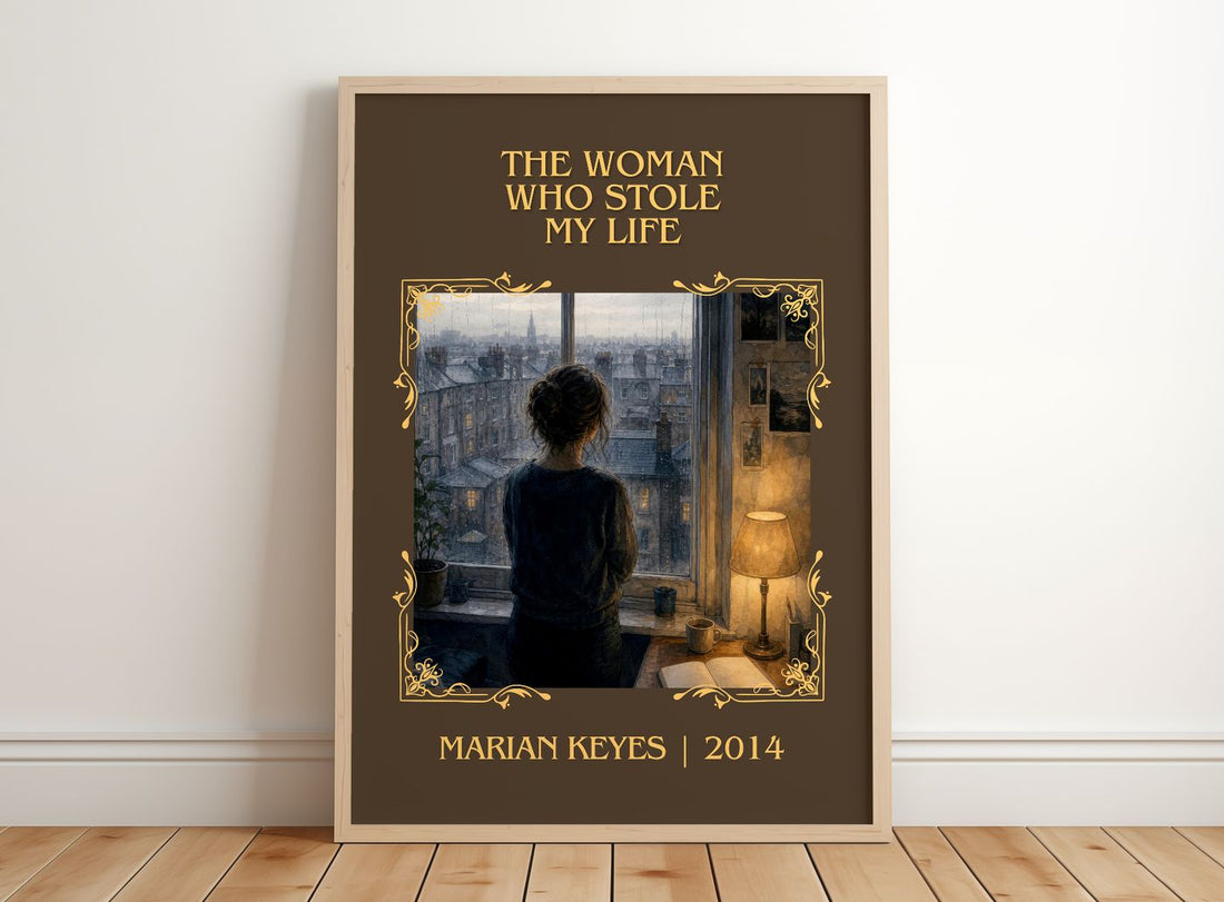 The Woman Who Stole My Life Classic Book Art Print by Marian Keyes – framed print leaning on a wooden floor