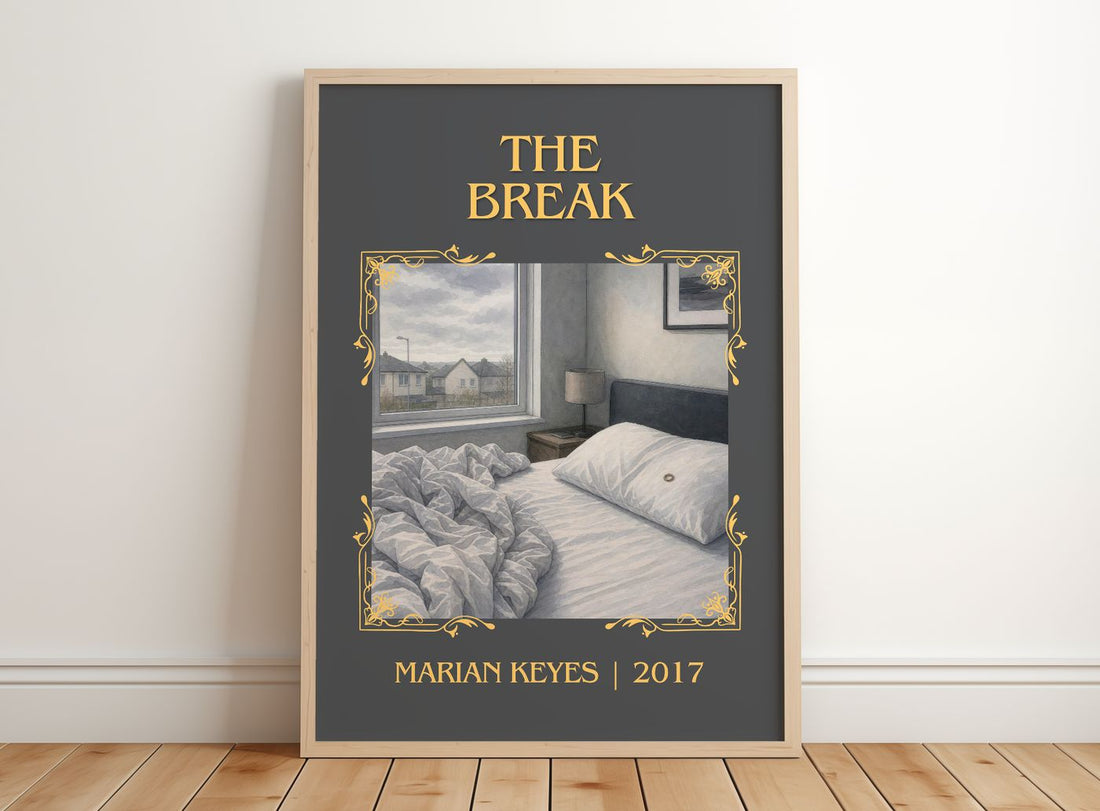 The Break Classic Book Art Print by Marian Keyes – framed print leaning on a wooden floor