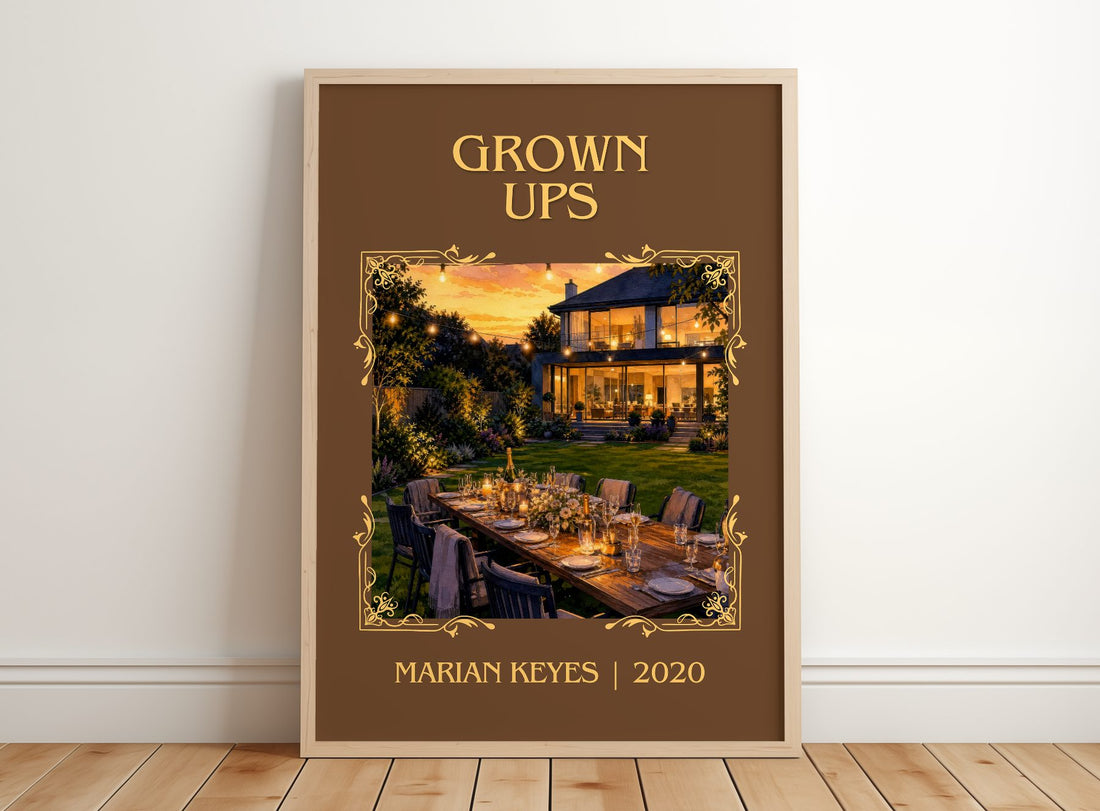 Grown Ups Classic Book Art Print by Marian Keyes – framed print leaning on a wooden floor
