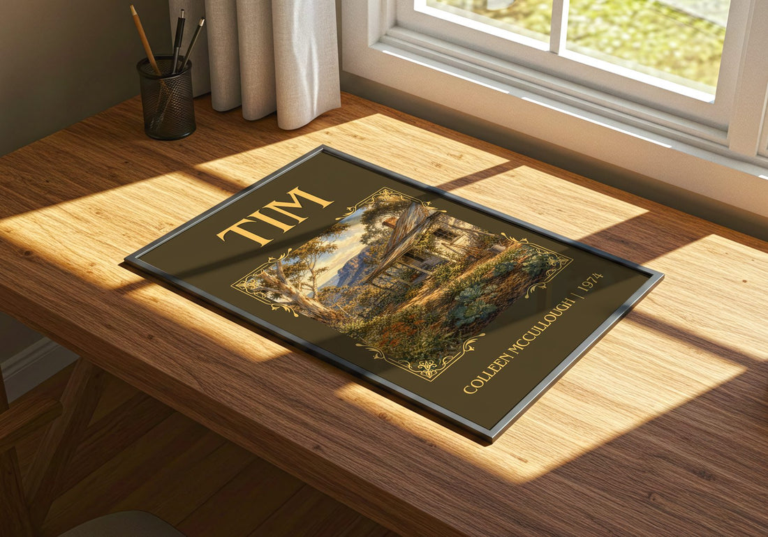 Tim Classic Book Art Print by Colleen McCullough – print on a sunlit desk