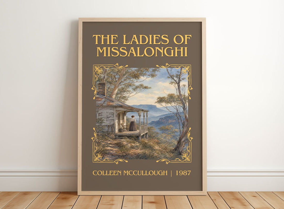 The Ladies of Missalonghi Classic Book Art Print by Colleen McCullough – framed print leaning on a wooden floor
