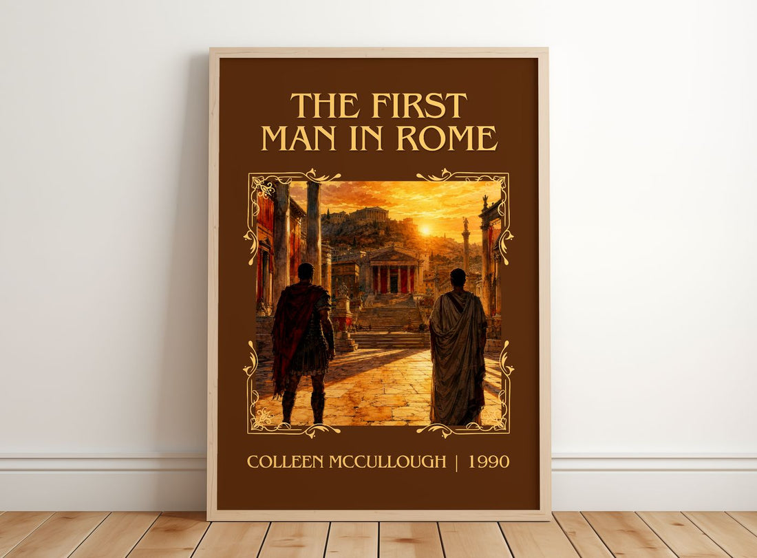 The First Man in Rome Classic Book Art Print by Colleen McCullough – framed print leaning on a wooden floor