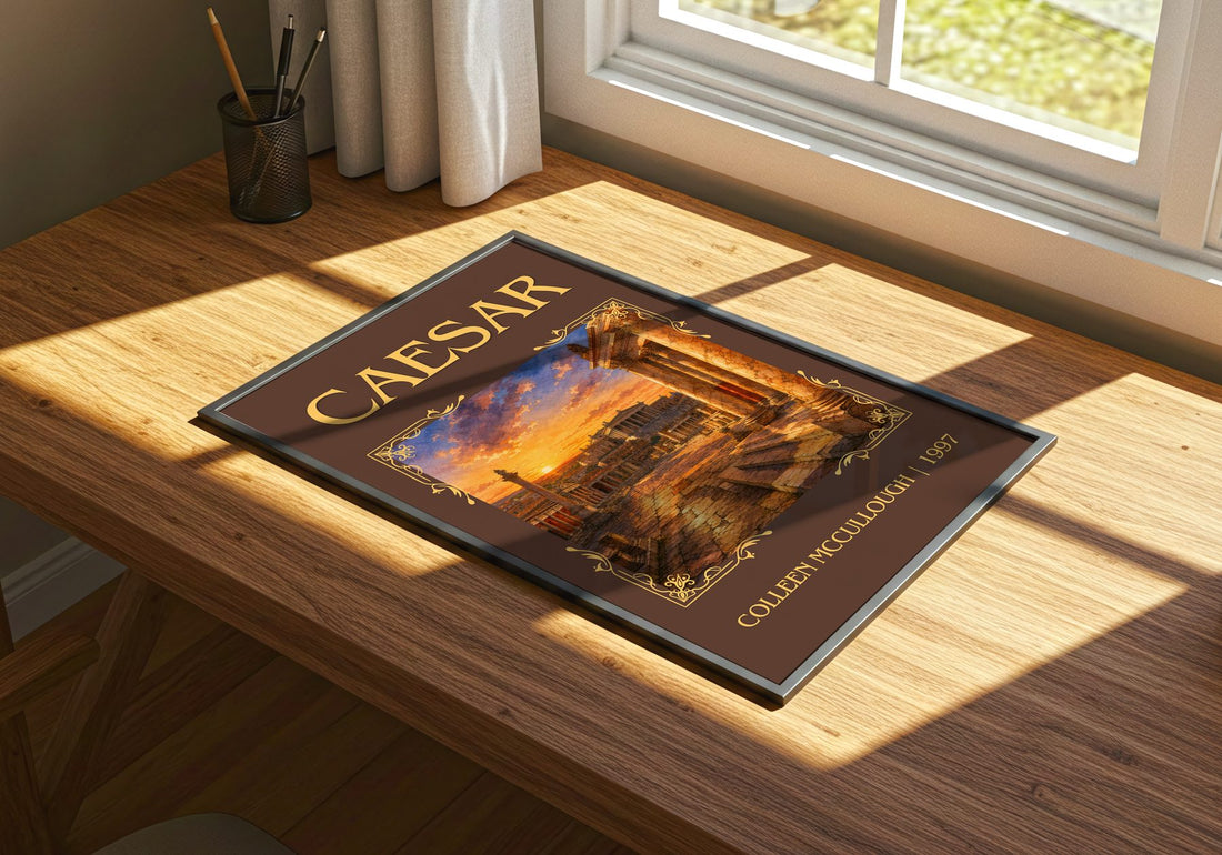 Caesar Classic Book Art Print by Colleen McCullough – print on a sunlit desk