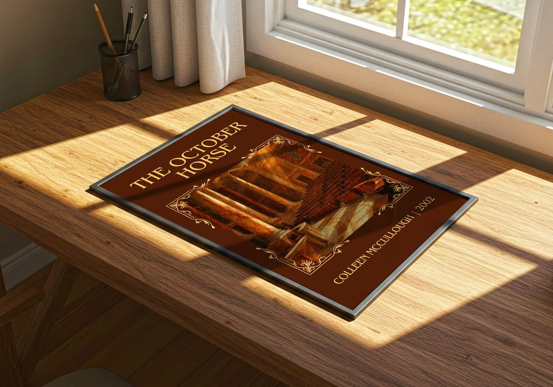 The October Horse Classic Book Art Print by Colleen McCullough – print on a sunlit desk
