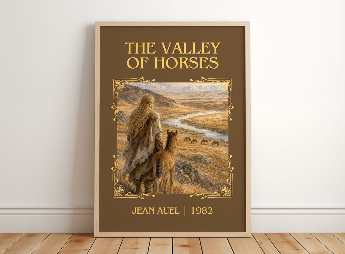 The Valley of Horses Classic Book Art Print by Jean Auel – framed print leaning on a wooden floor