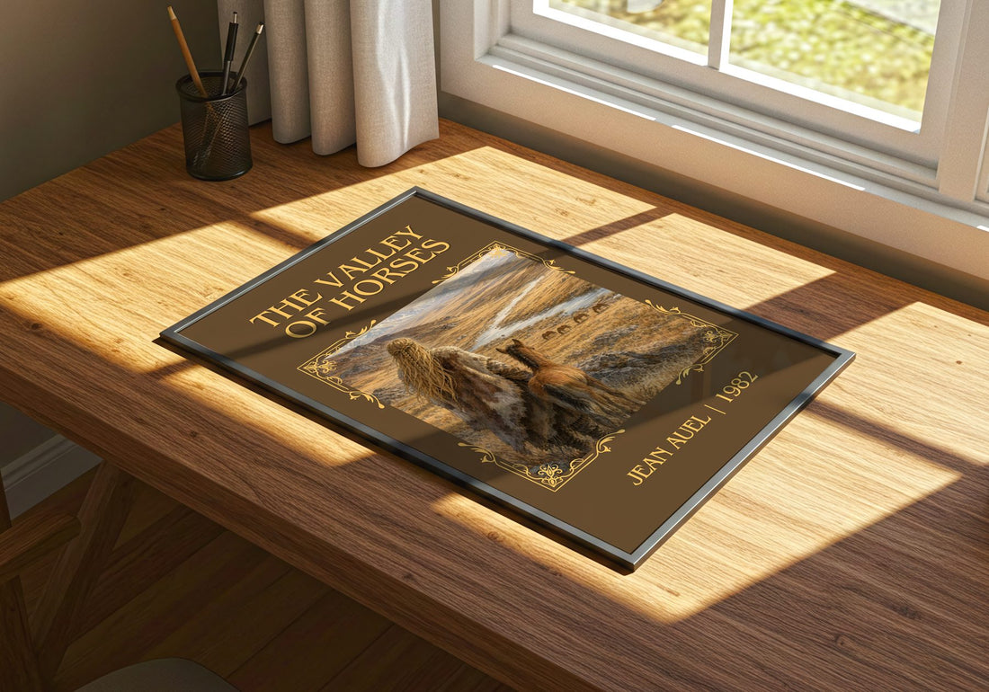The Valley of Horses Classic Book Art Print by Jean Auel – print on a sunlit desk