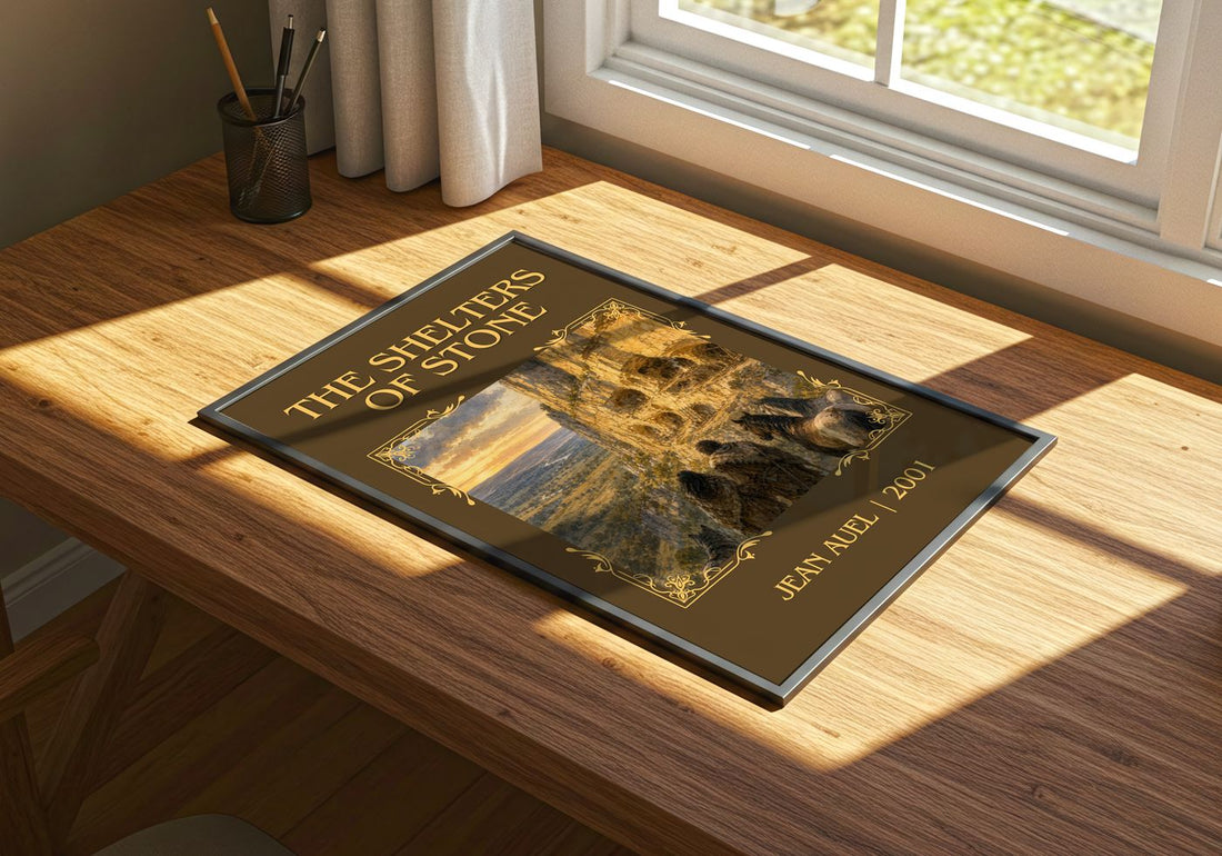 The Shelters of Stone Classic Book Art Print by Jean Auel – print on a sunlit desk
