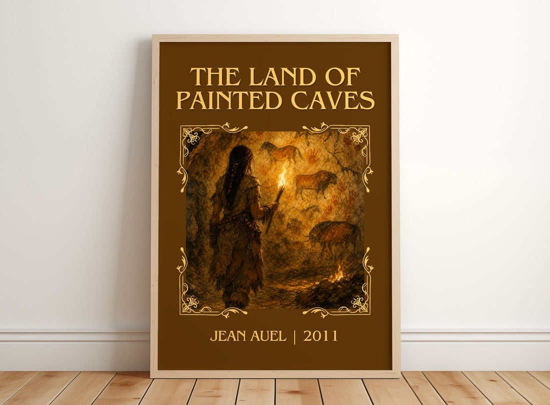 The Land of Painted Caves Classic Book Art Print by Jean Auel – framed print leaning on a wooden floor