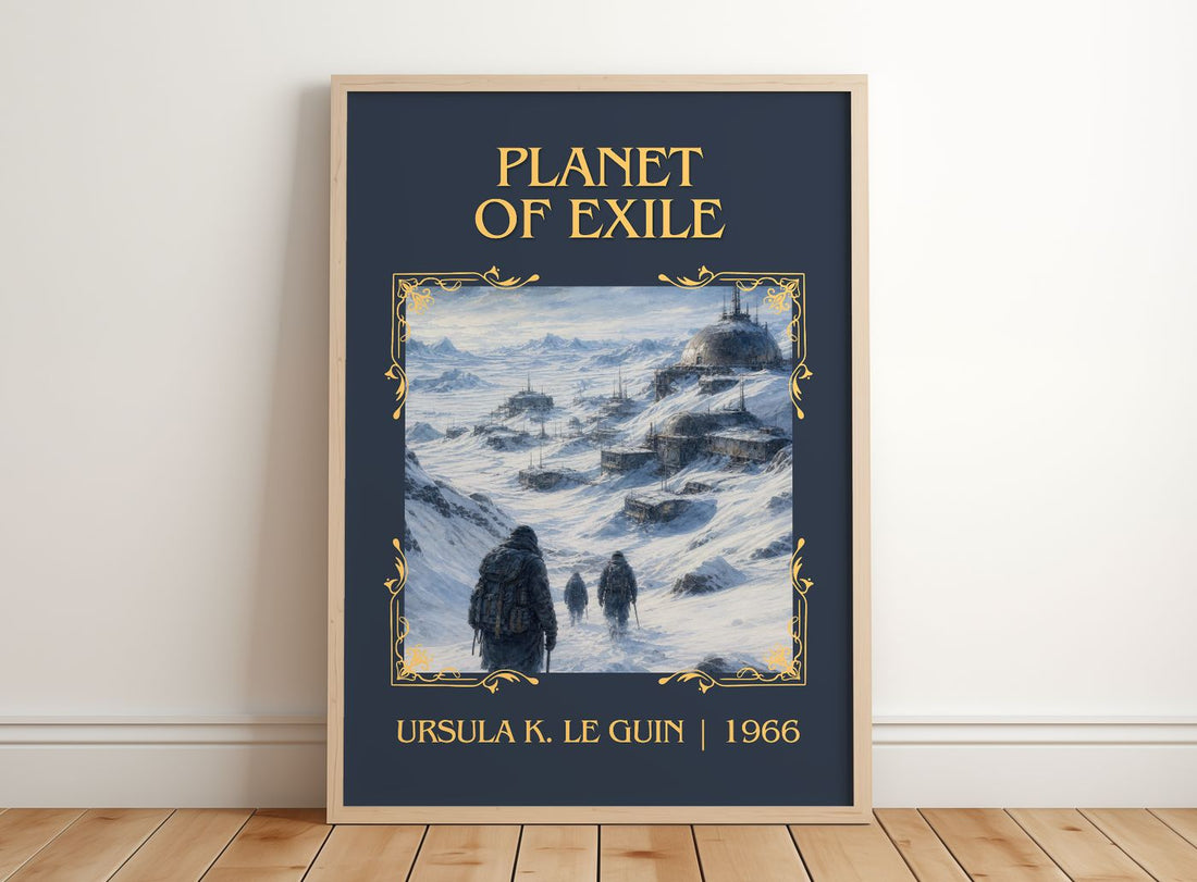 Planet of Exile Classic Book Art Print by Ursula K. Le Guin – framed print leaning on a wooden floor