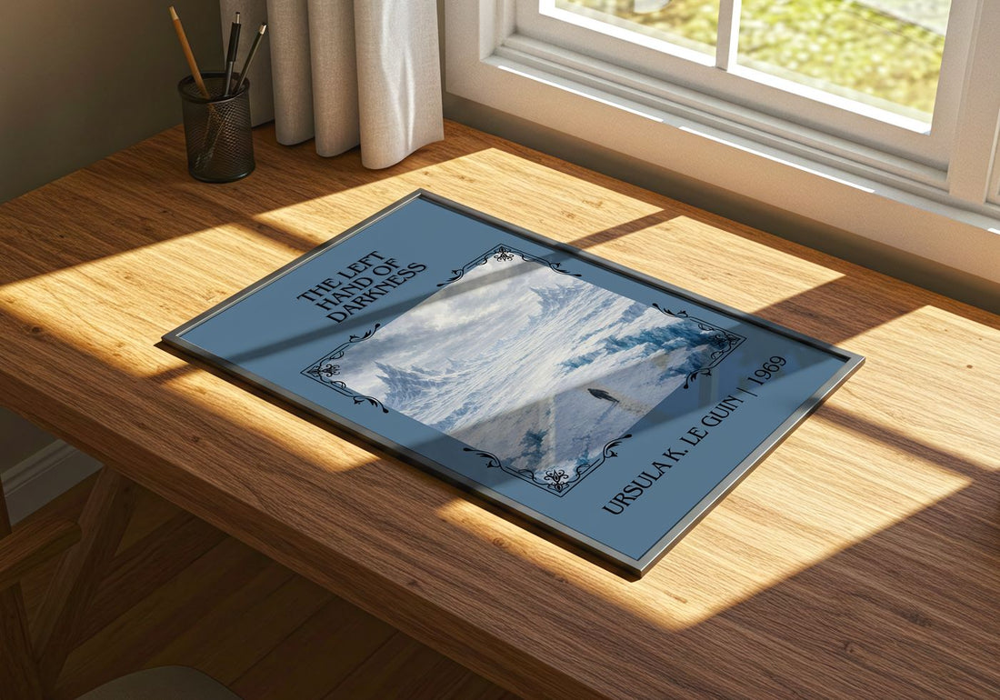 The Left Hand of Darkness Classic Book Art Print by Ursula K. Le Guin – print on a sunlit desk