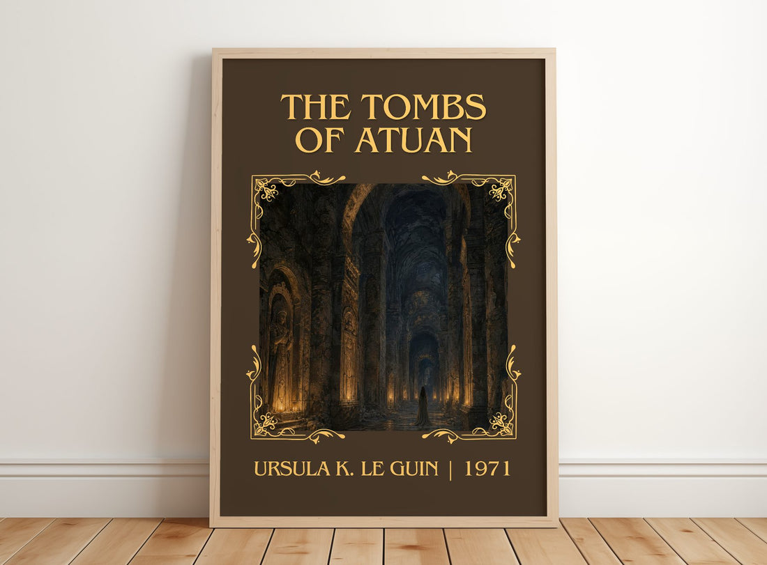 The Tombs of Atuan Classic Book Art Print by Ursula K. Le Guin – framed print leaning on a wooden floor