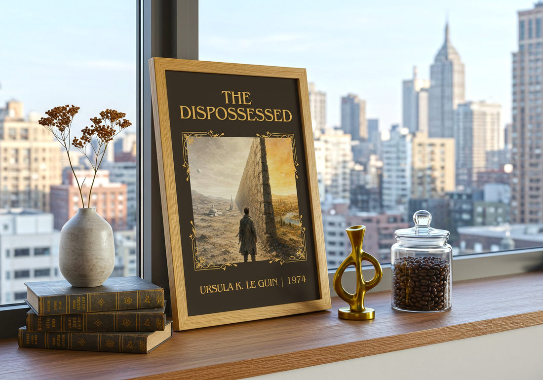 The Dispossessed Classic Book Art Print by Ursula K. Le Guin – framed print on a city-view windowsill
