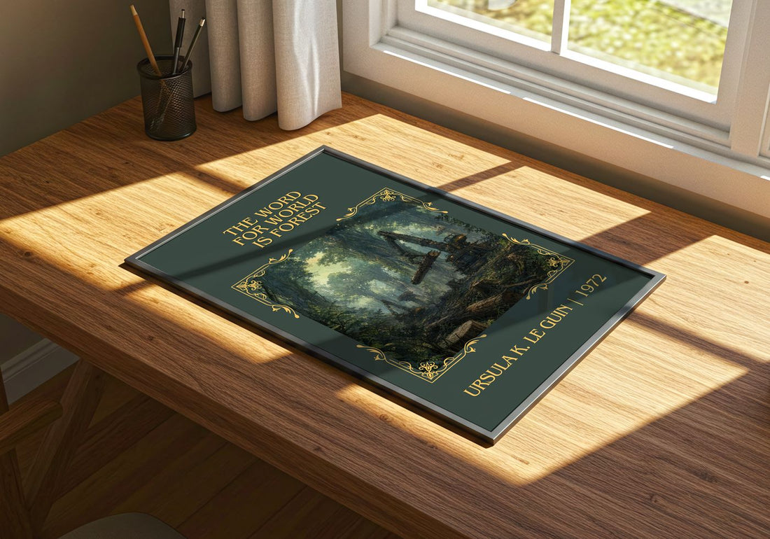 Word for World Is Forest Classic Book Art Print by Ursula K. Le Guin – print on a sunlit desk
