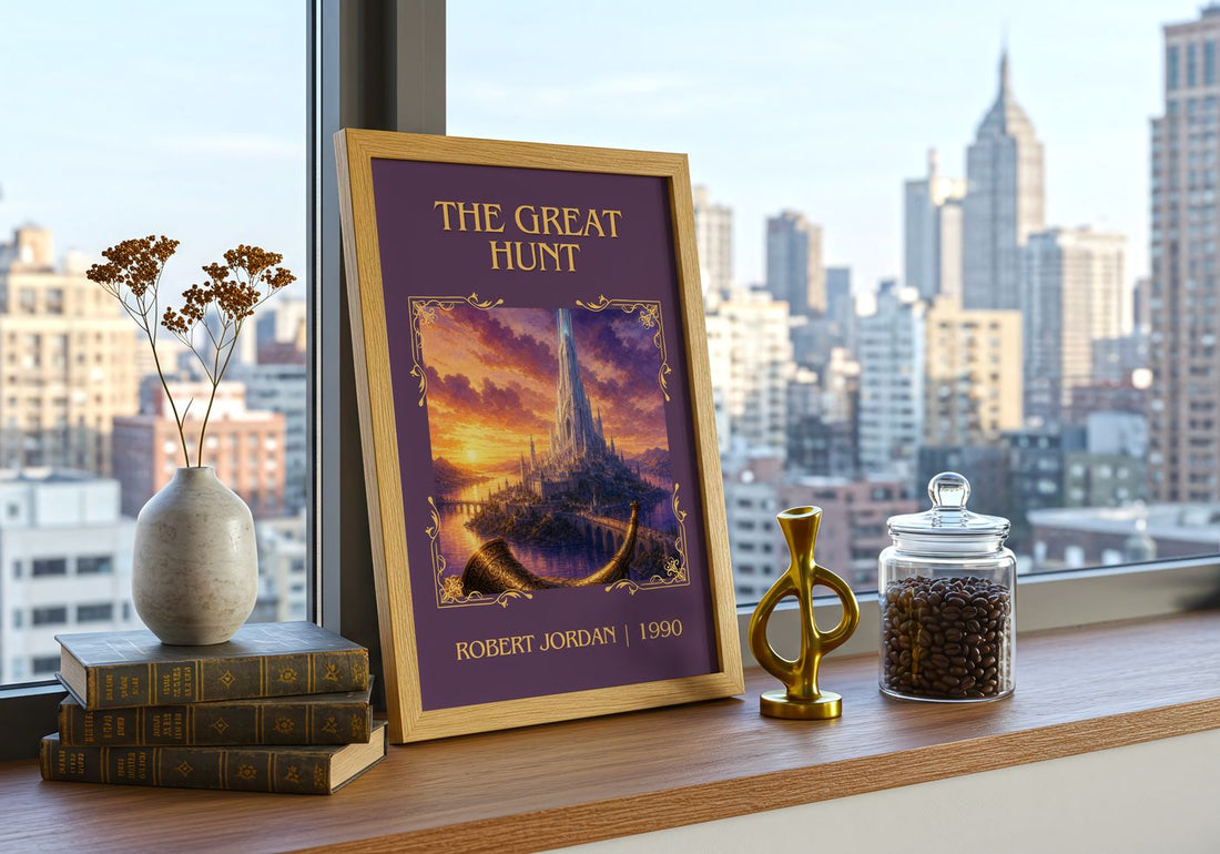 The Great Hunt Classic Book Art Print by Robert Jordan – framed print on a city-view windowsill