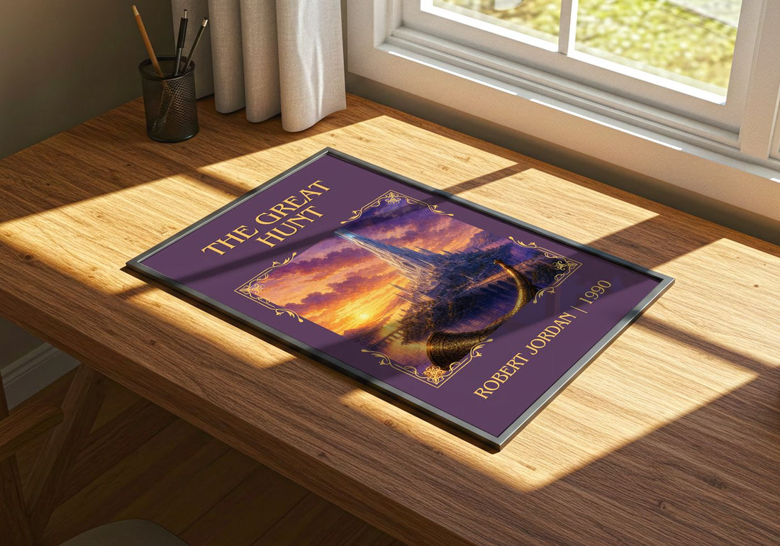 The Great Hunt Classic Book Art Print by Robert Jordan – print on a sunlit desk