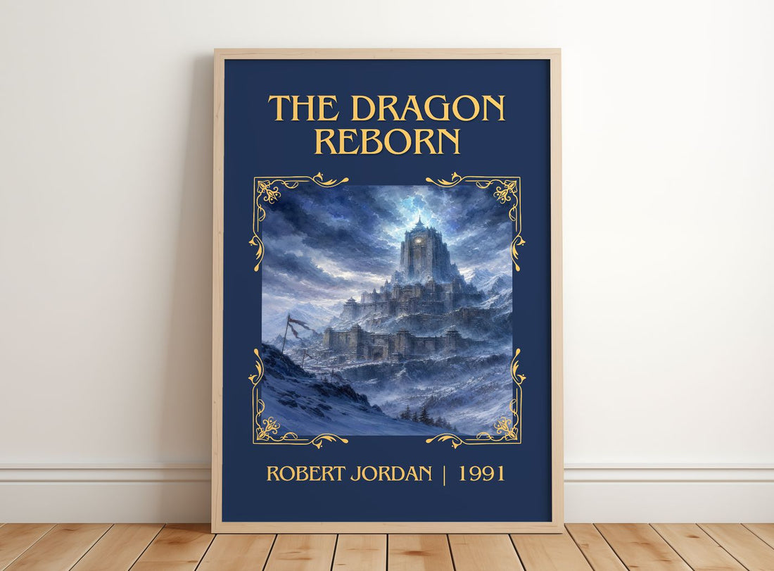 The Dragon Reborn Classic Book Art Print by Robert Jordan – framed print leaning on a wooden floor