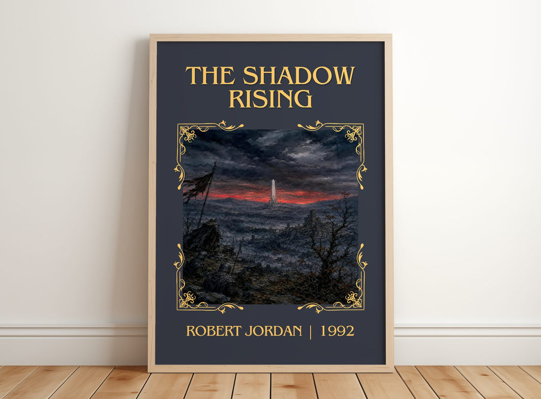 The Shadow Rising Classic Book Art Print by Robert Jordan – framed print leaning on a wooden floor