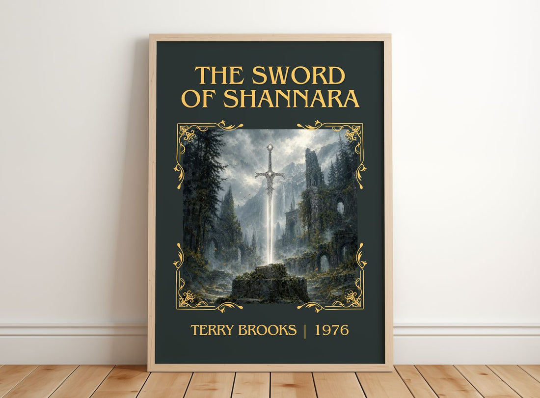 The Sword of Shannara Classic Book Art Print by Terry Brooks – framed print leaning on a wooden floor