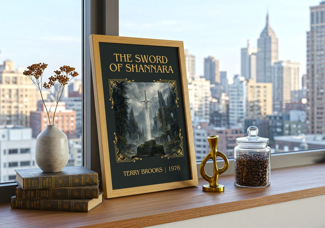 The Sword of Shannara Classic Book Art Print by Terry Brooks – framed print on a city-view windowsill
