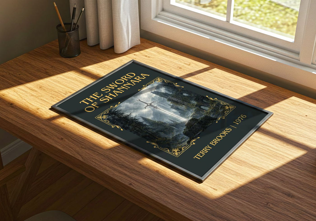 The Sword of Shannara Classic Book Art Print by Terry Brooks – print on a sunlit desk