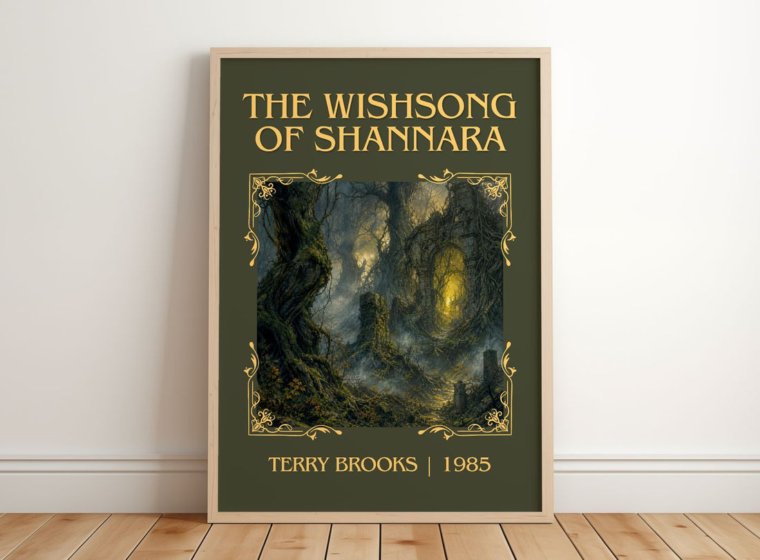 The Wishsong of Shannara Classic Book Art Print by Terry Brooks – framed print leaning on a wooden floor