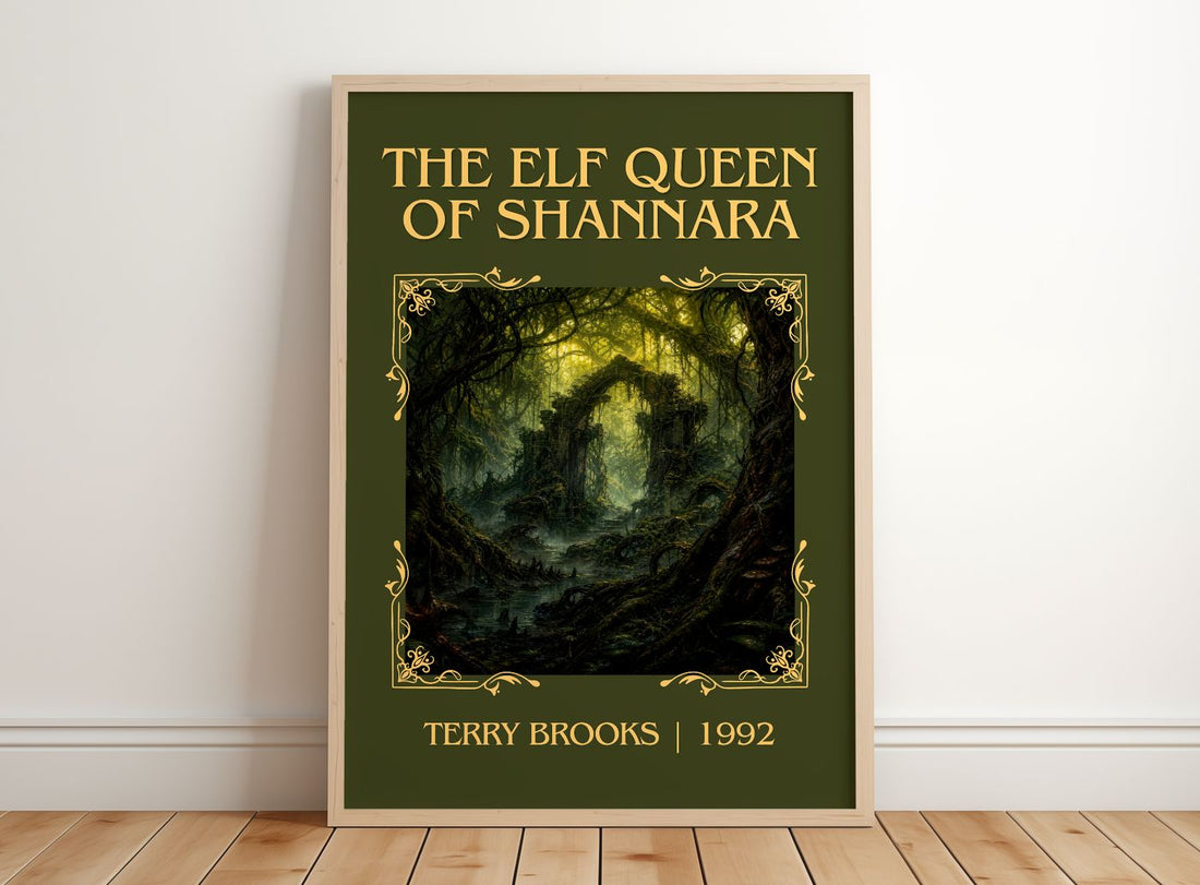 The Elf Queen of Shannara Classic Book Art Print by Terry Brooks – framed print leaning on a wooden floor