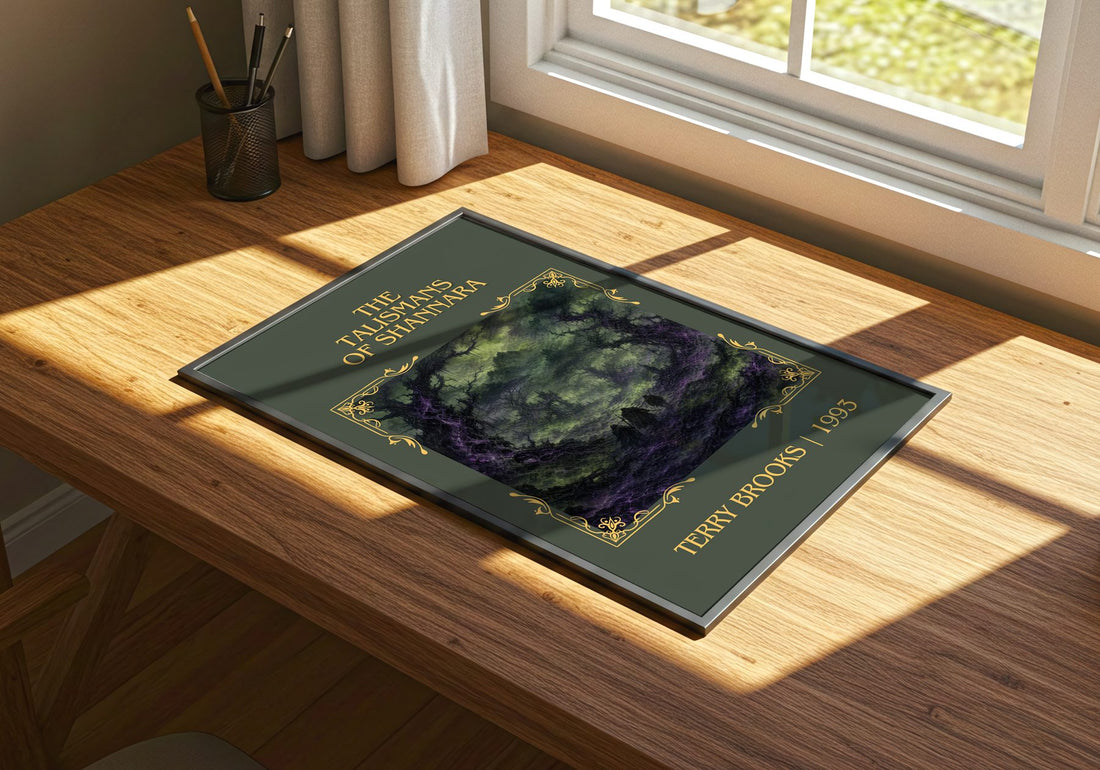 The Talismans of Shannara Classic Book Art Print by Terry Brooks – print on a sunlit desk
