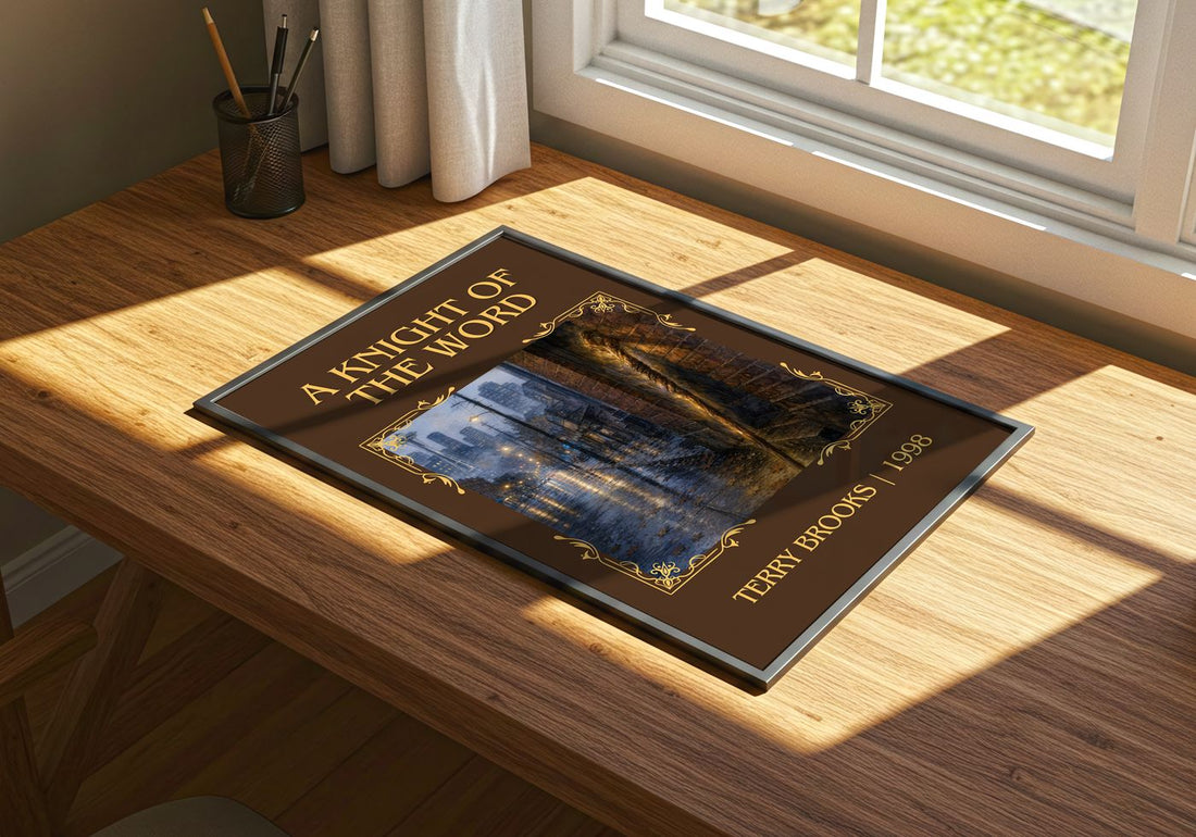 A Knight of the Word Classic Book Art Print by Terry Brooks – print on a sunlit desk