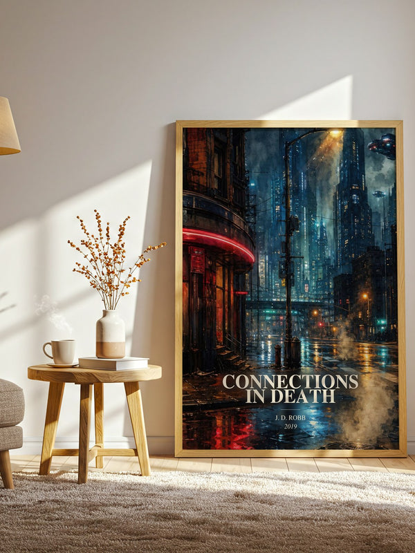 Connections In Death watercolour print in frame leaning in hallway – thriller wall art