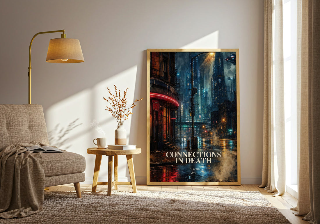 Connections In Death watercolour print in frame leaning in hallway – thriller wall art (mockup)