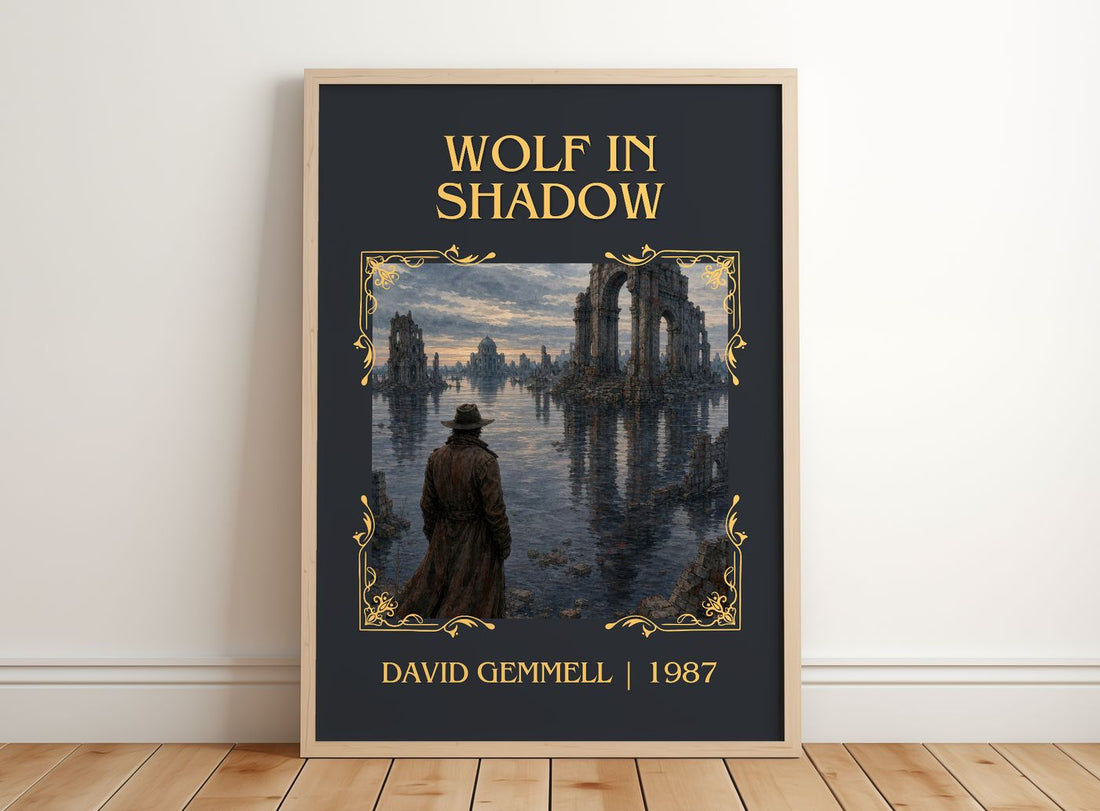 Wolf in Shadow Classic Book Art Print by David Gemmell – framed print leaning on a wooden floor