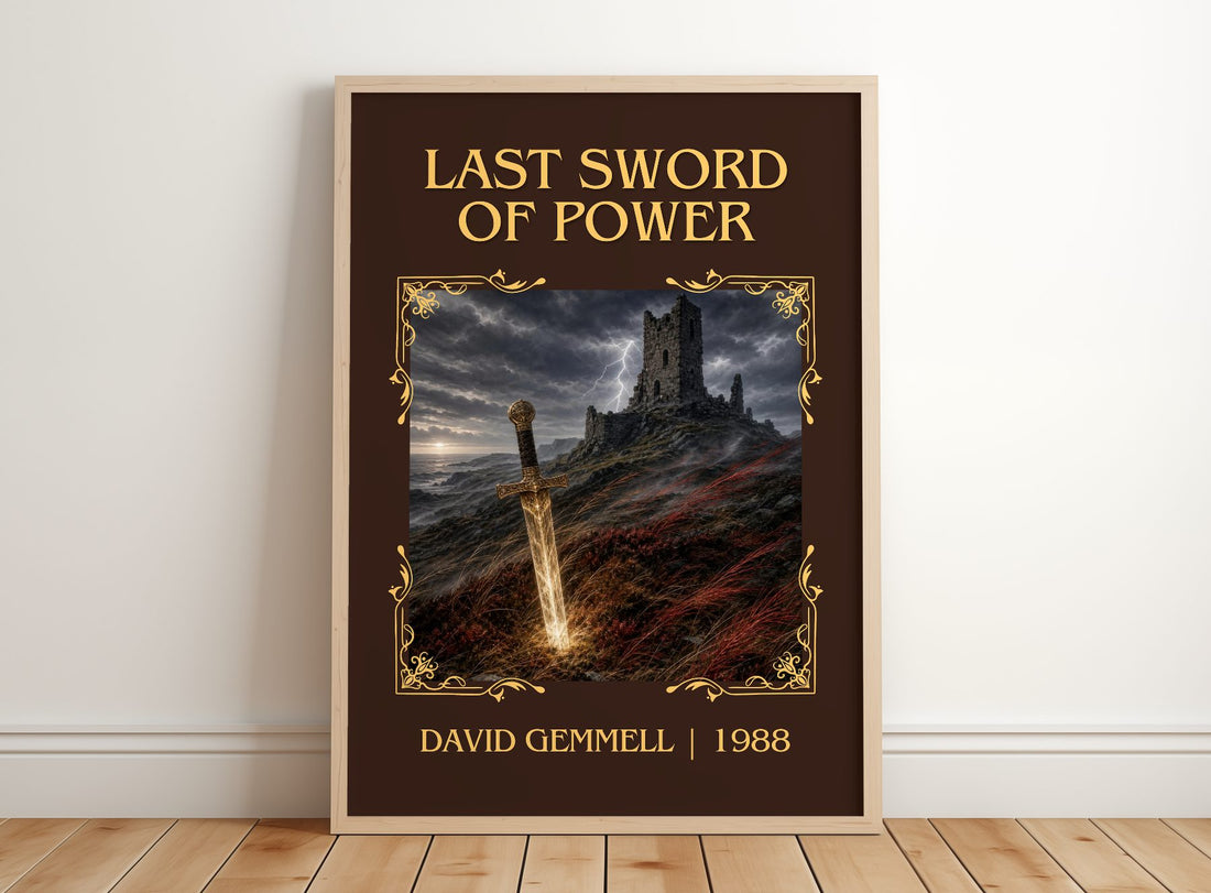 Last Sword of Power Classic Book Art Print by David Gemmell – framed print leaning on a wooden floor
