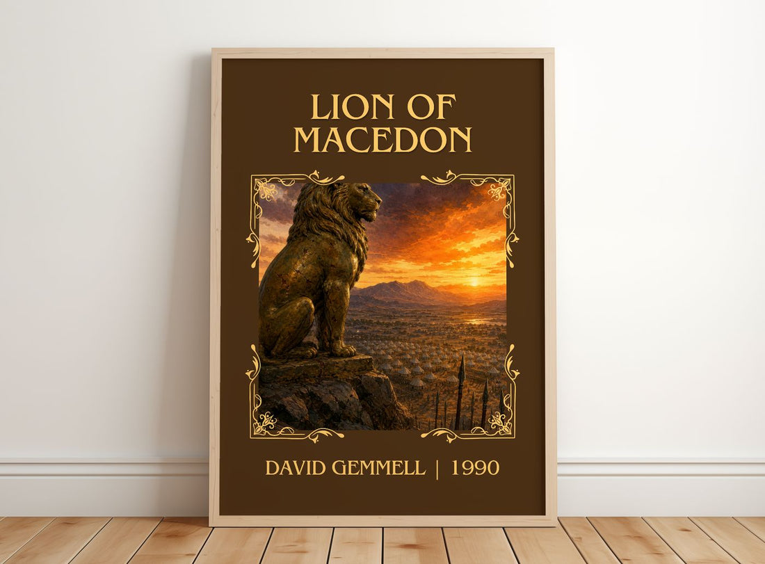 Lion of Macedon Classic Book Art Print by David Gemmell – framed print leaning on a wooden floor
