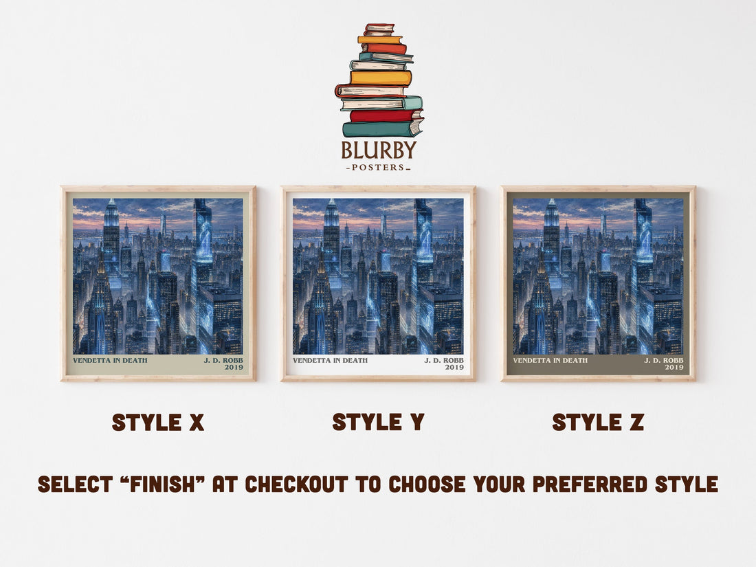 Vendetta In Death literary print in frame leaning in hallway – crime wall art (mockup)