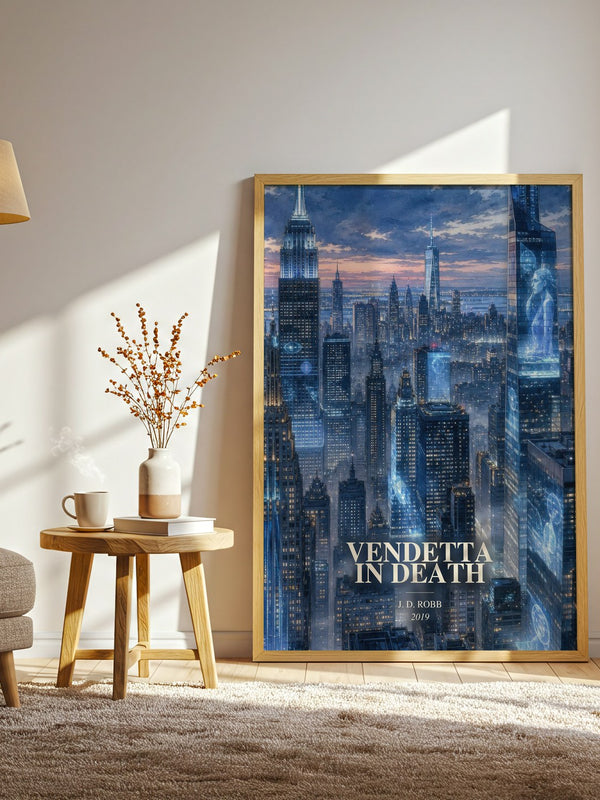 Vendetta In Death watercolour print in frame leaning in hallway – crime wall art