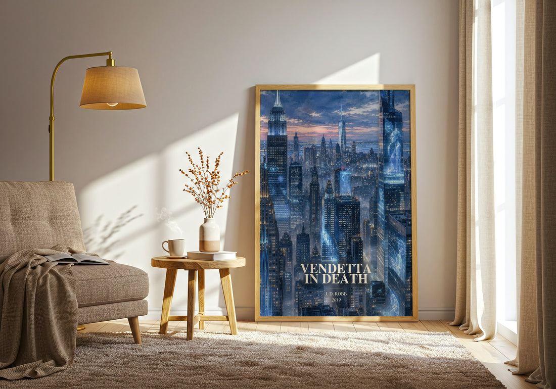 Vendetta In Death watercolour print in frame leaning in hallway – crime wall art (mockup)