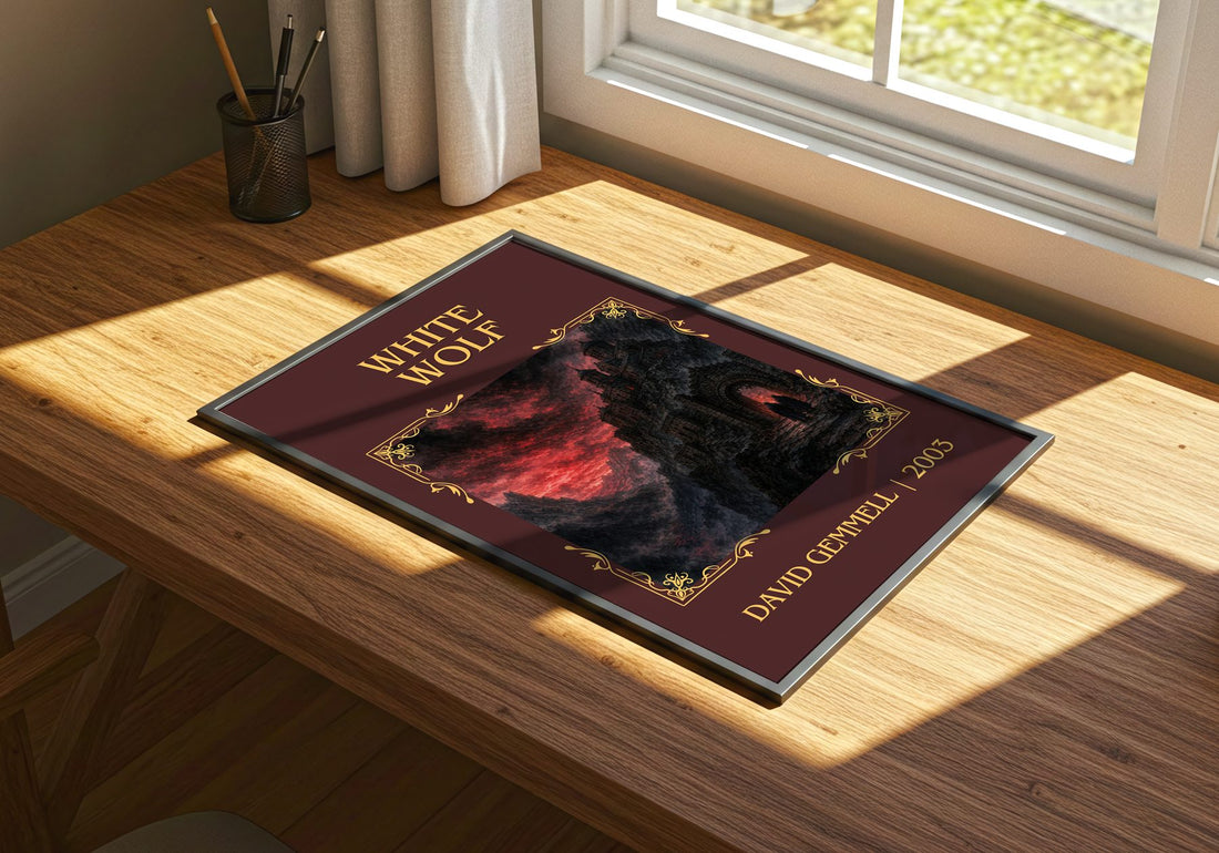 White Wolf Classic Book Art Print by David Gemmell – print on a sunlit desk