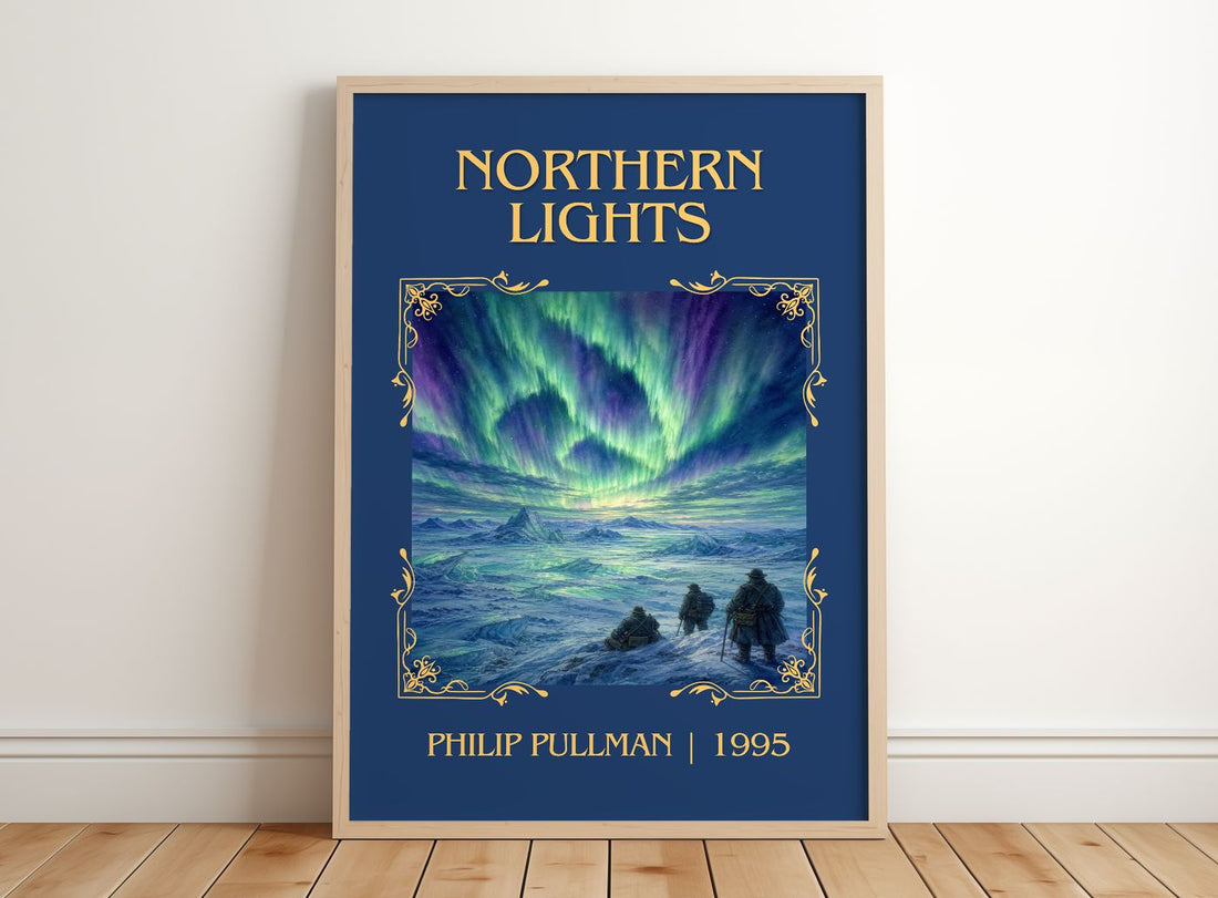 Northern Lights Classic Book Art Print by Philip Pullman – framed print leaning on a wooden floor