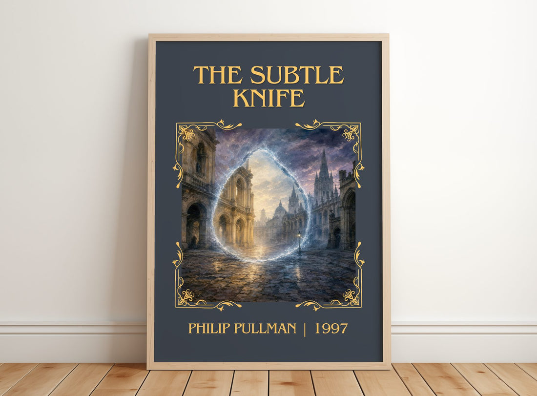 The Subtle Knife Classic Book Art Print by Philip Pullman – framed print leaning on a wooden floor