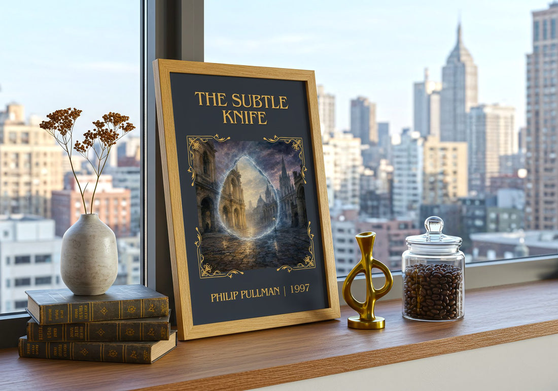 The Subtle Knife Classic Book Art Print by Philip Pullman – framed print on a city-view windowsill