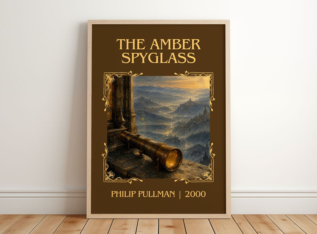 The Amber Spyglass Classic Book Art Print by Philip Pullman – framed print leaning on a wooden floor