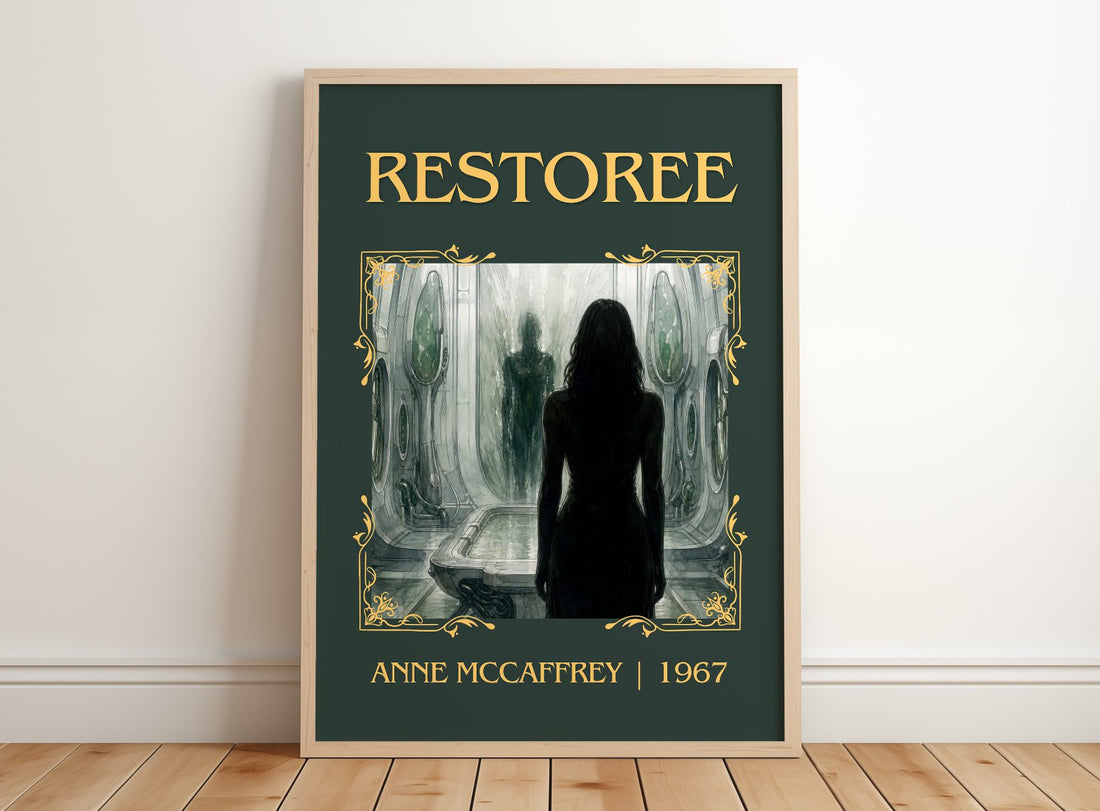 Restoree Classic Book Art Print by Anne McCaffrey – framed print leaning on a wooden floor